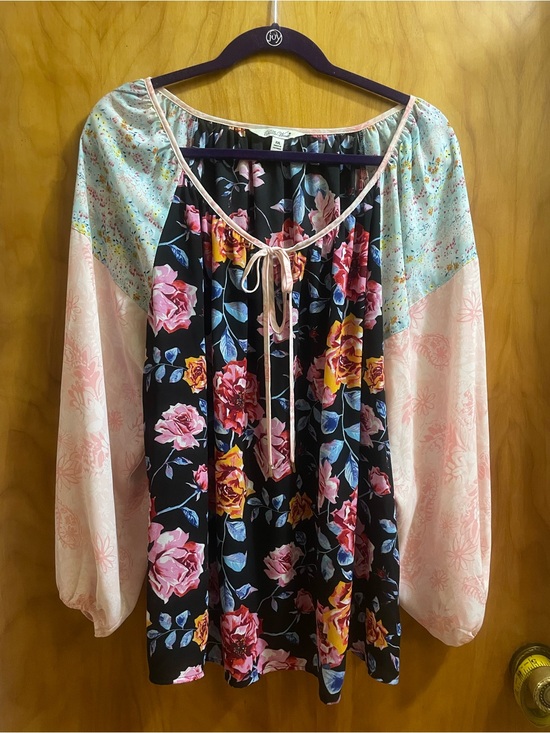The Pioneer Woman Tops - The Pioneer Woman Black Floral Peasant Blouse with Pink and Mint Accents